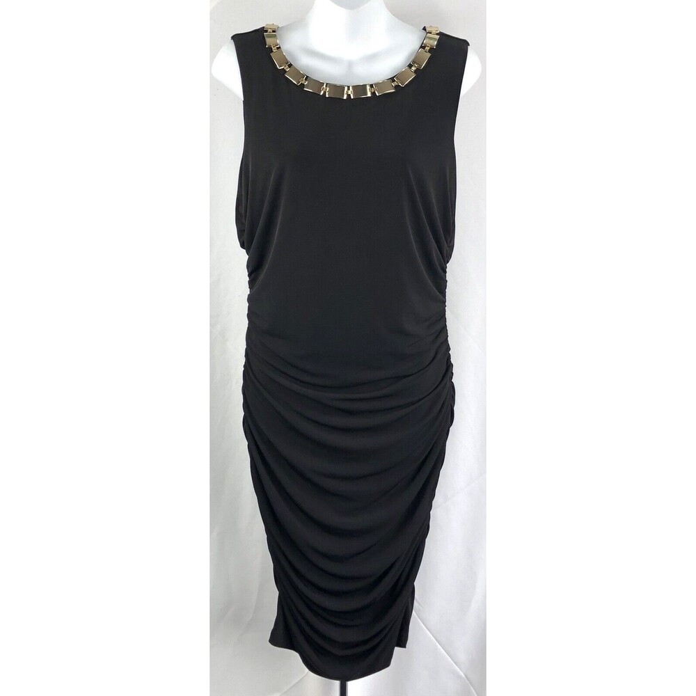 Calvin Klein Sleeveless Pencil midi Dress 12 Blk Gold Chain Collar Ruched Draped